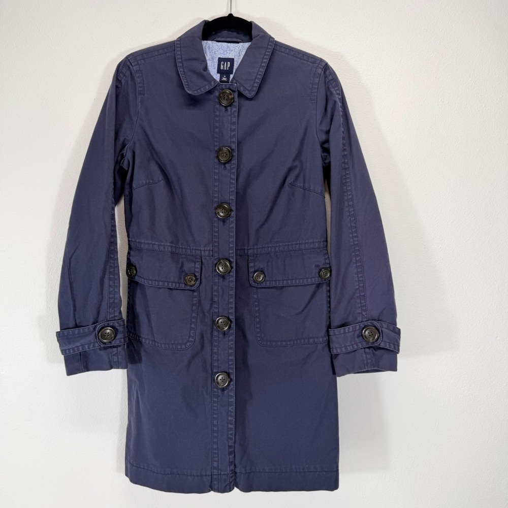 GAP Vintage Single Breasted Floral Lined Navy Blue Trench Coat Jacket Size M